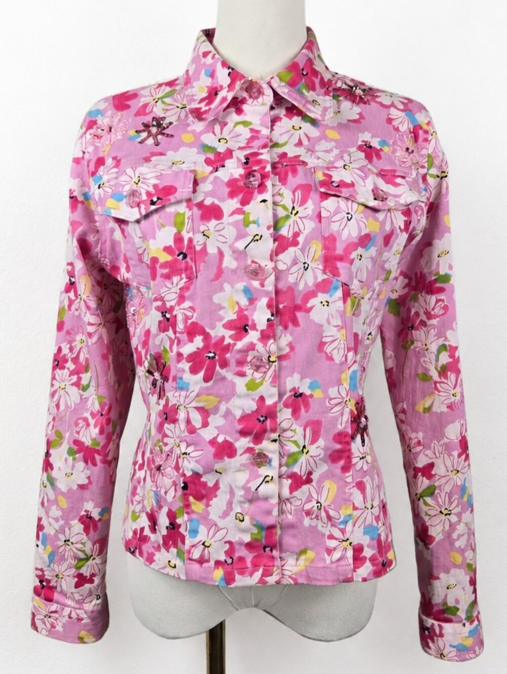 Vintage 90s New Identity Pink Floral Beaded Sequin Jacket Small Cottagecore Y2K